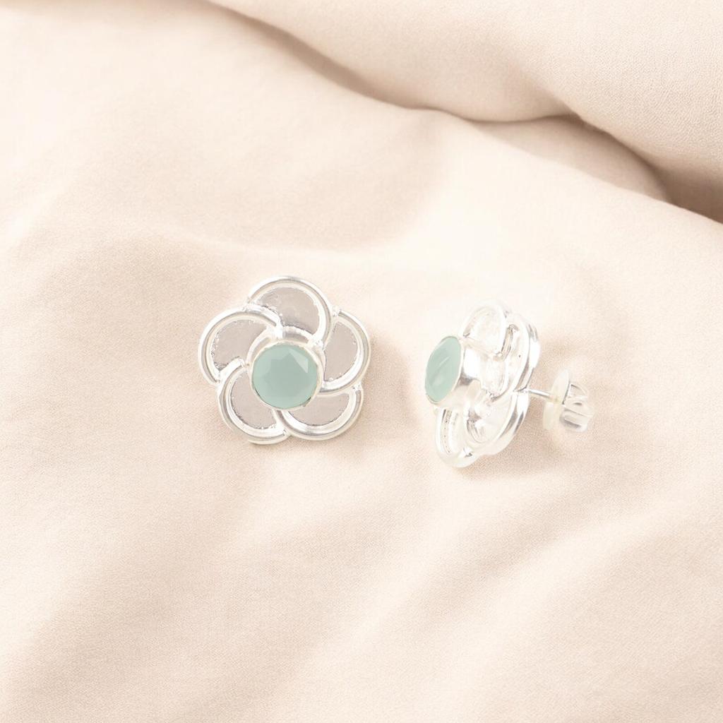 Natural Aqua Chalcedony Gemstone 925 Sterling Silver Designer Stud Earrings 0.5" EE-157-17
