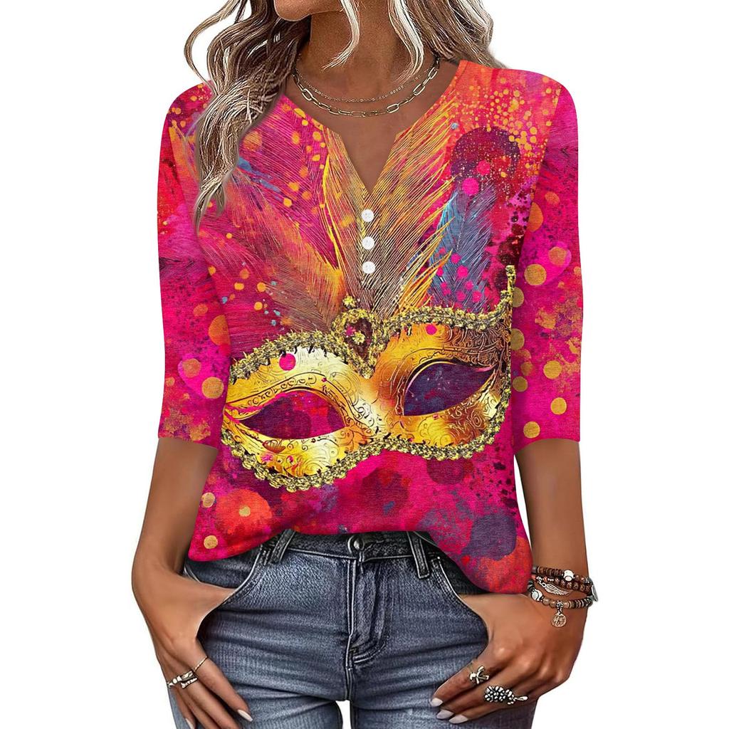 Women's T Shirt Print Button 3/4 Sleeve Daily Weekend Fashion Basic V- Neck Regular Top