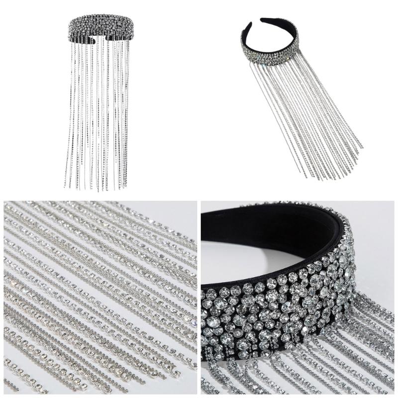 Sparkling Rhinestones Tassels Headband Crystal Headwear with Flowing Fringes Headwear for Parties and Performances