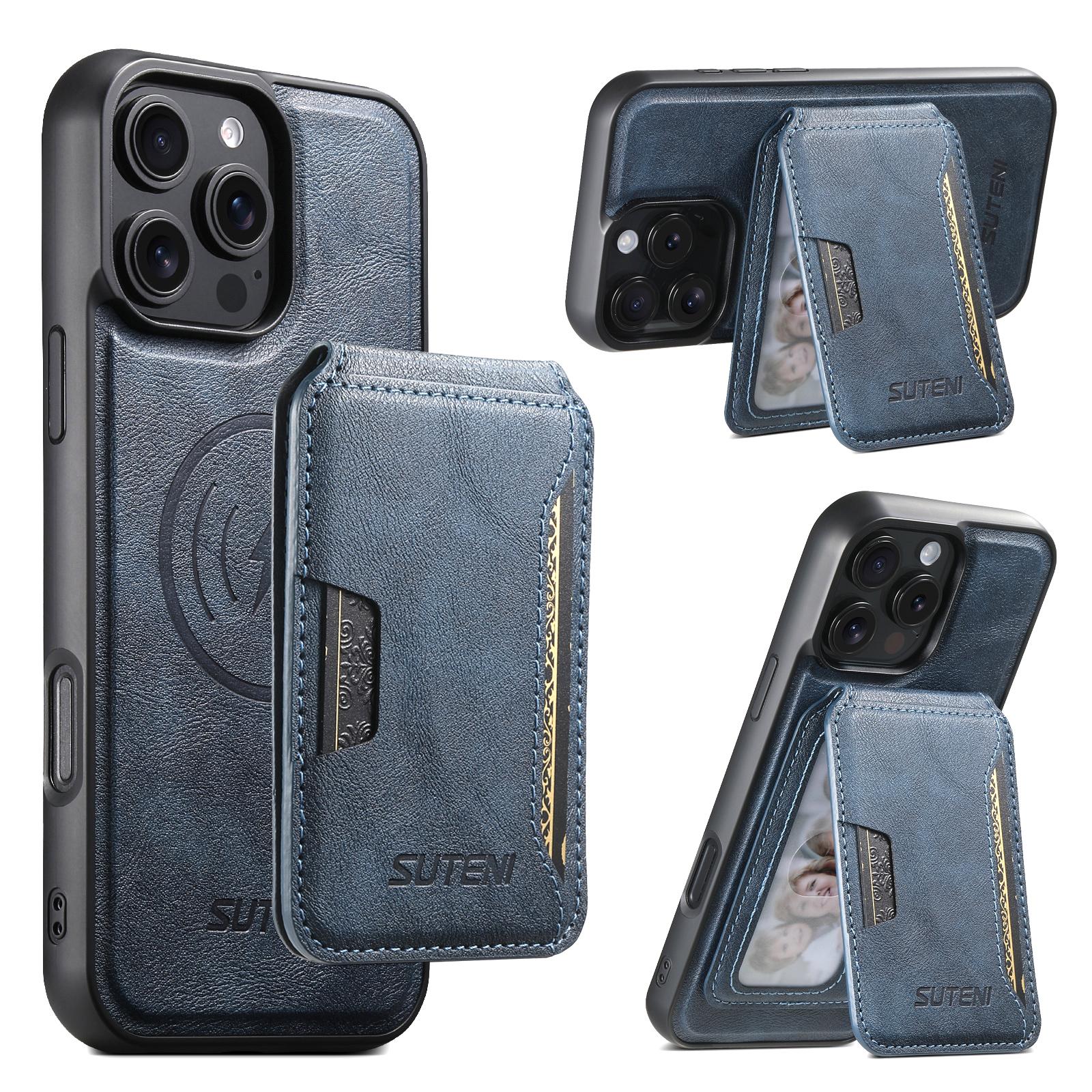 

SUTENI M3 For iPhone 16 Pro Max Magnetic Case Cowhide Texture Leather Back Cover with Card Bag Kickstand Blue