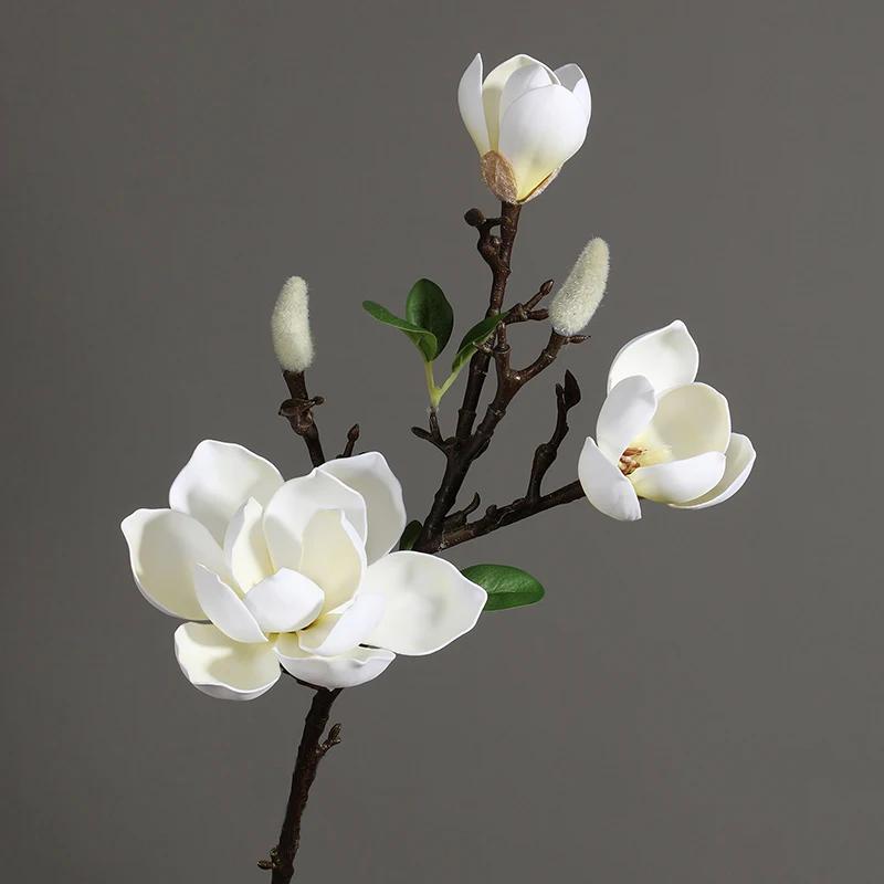 Bouquet di Magnolia Real Touch di Alta Qualità 70cm Per Composizione Floreale 3 Teste PU Fiore Artificiale Matrimonio Casa Soggiorno Decor