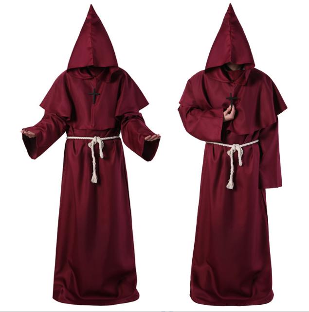 Medieval Monk Robe Monk Costume Halloween Cosplay Priest Wizard Hooded Multicolor Cape Cloak Waist Rope Cross Ornament Sets