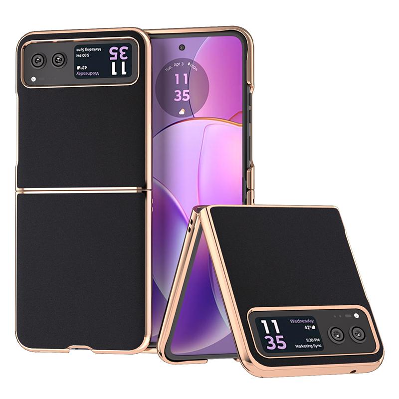 For Motorola Razr 40 5G Silky Shockproof Cover Genuine Cow Leather+PC Electroplating Phone Case