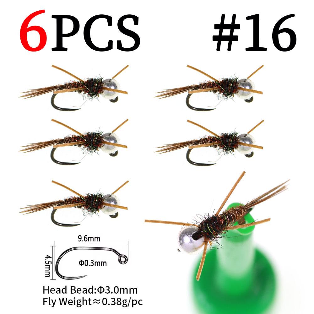6PCS #14 #16 Barbless Jig Stonefly Nymph Fly Rubber Legs, Pheasant Tail, Bead Head Fast Sink Euro Nymph Trout Bass Fishing Lures