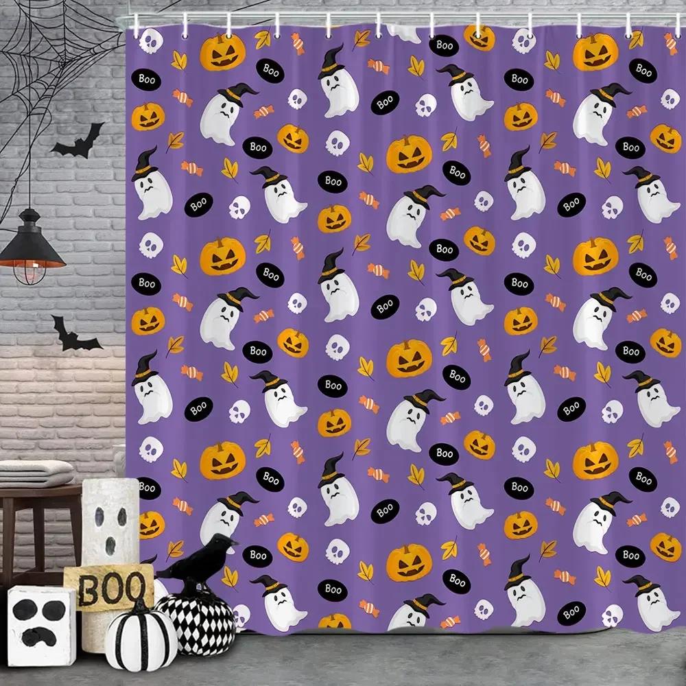 Perdea de duș de Halloween Liliac Negru Model Înfricoșător de Halloween Perdea de Duș Înfricoșător Liliac Perdea de Baie Decor Baie cu Cârlige