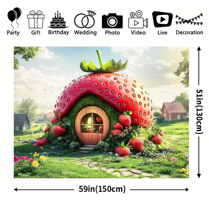 2D Enchanted Strawberry House Backdrop Spring Garden Party Background