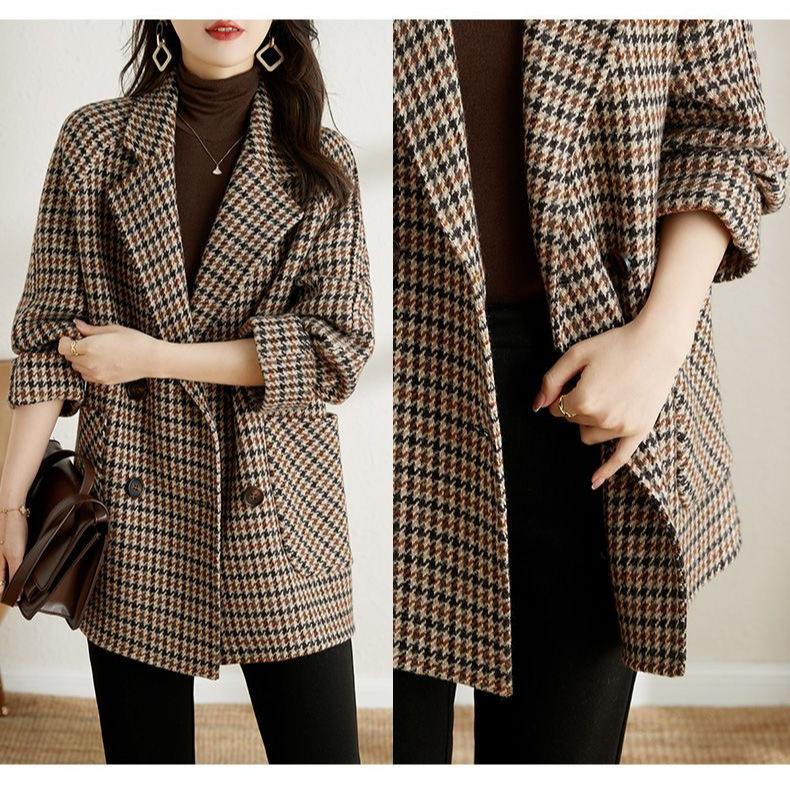 Vintage Frauen Wollblazer Zweireiher Plaid Jacke Mode Koreanische Oberbekleidung Lose Mäntel