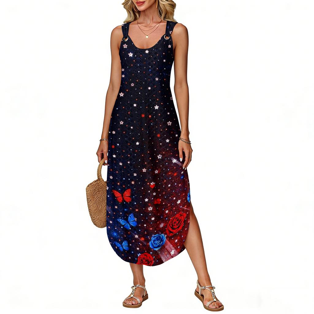 Women's Summer Long Dress Sleeveless Side Slit Long Independence Day Print Vacator Dress