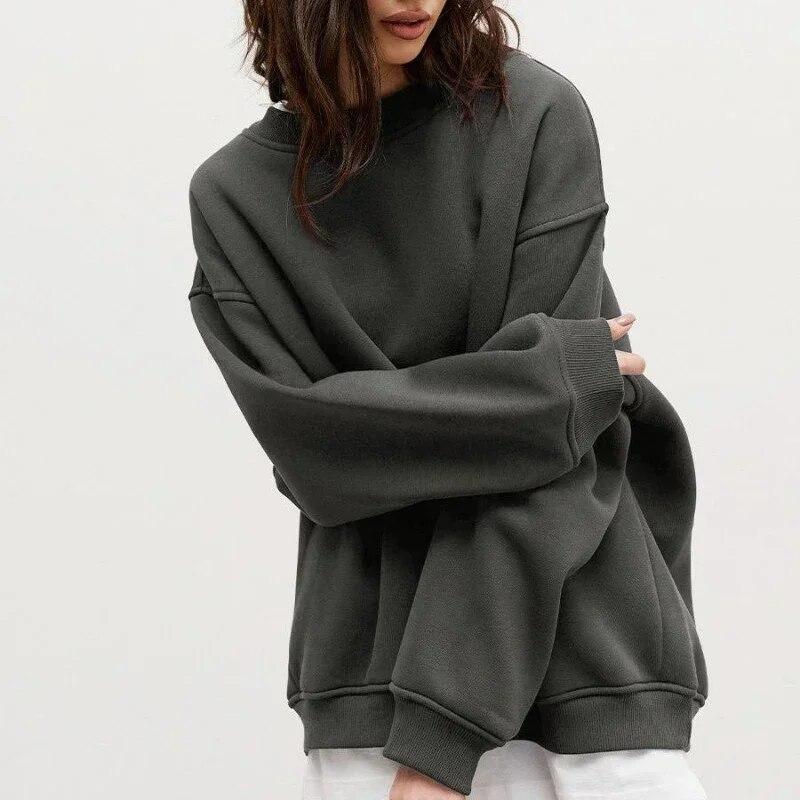 Pulovere de toamnă largi, calde, din fleece, pentru femei, hanorace de modă, cu gâtul rotund, cu glugă supradimensionată, pentru femei, iarnă, din bumbac solid 29676