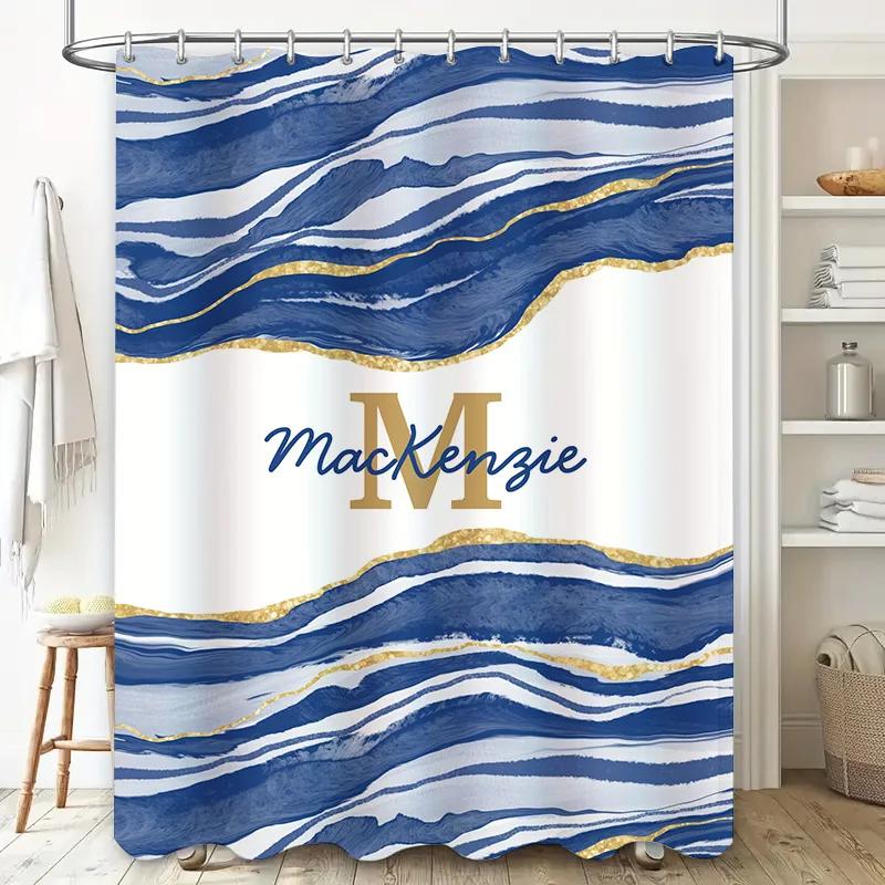 Personalized Shower Curtain Custom Name Design with Blue Gold Waves Modern Bathroom Decor for Girls Boys Easy Installation Showe