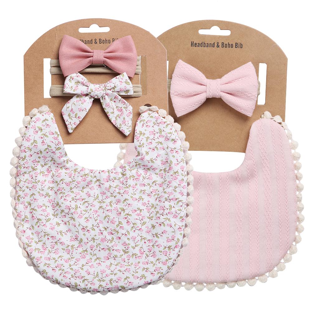 2 Sets/Lot Flower Print Embroidery Baby Bibs Headbands Bow Tie Scarf Bandana Double Side Toddler Saliva Towel Feeding Burp Cloth