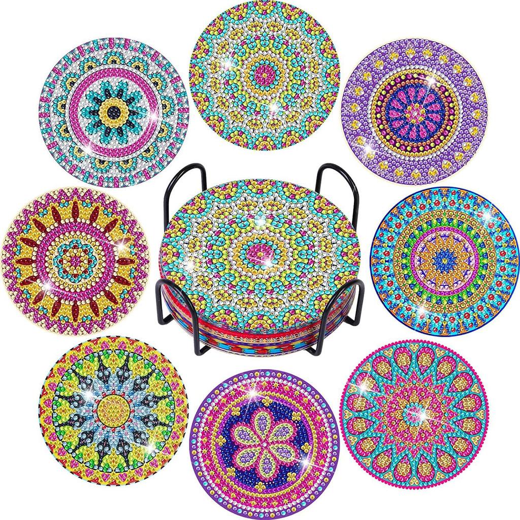 Set 8 Sottobicchieri 5D Pittura Con Diamanti - Fiori E Base In Sughero - Kit Fai Da Te Per Adulti