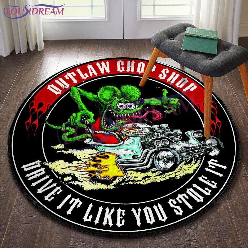 Tappeto Rotondo Garage Hot Rod Rat Fink Retrò, Tappetino Decorativo Artistico Personalizzato, Tappeto da Area Lavabile Antiscivolo per Camera da Letto e Ufficio