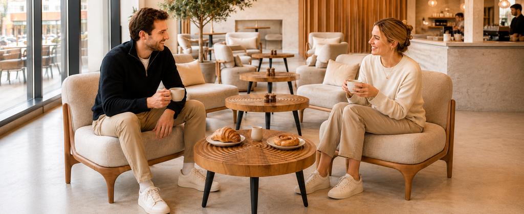 Round, Ginger-colored Coffee Table with Walnut Grain and Growth Rings, Reinforced Tabletop and Slim Black Metal Legs; Side Table for Small Apartments