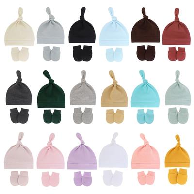 2 Pcs Cute Tail Knot Turban Beanie Cap Soft Cotton Comfy Baby No Scratch Mittens Kit Baby Anti Scratching Gloves Hat Set