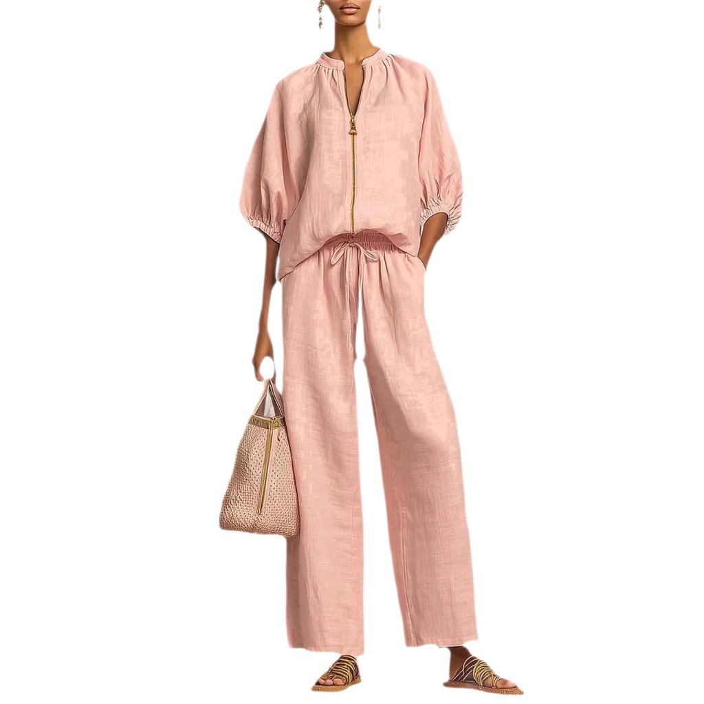New Arrival Women's Casual Loose 2-Piece Set – Round Neck Zip-Up Top + Wide Leg Pants, Solid Color Loungewear Suit for Travel & Daily Wear