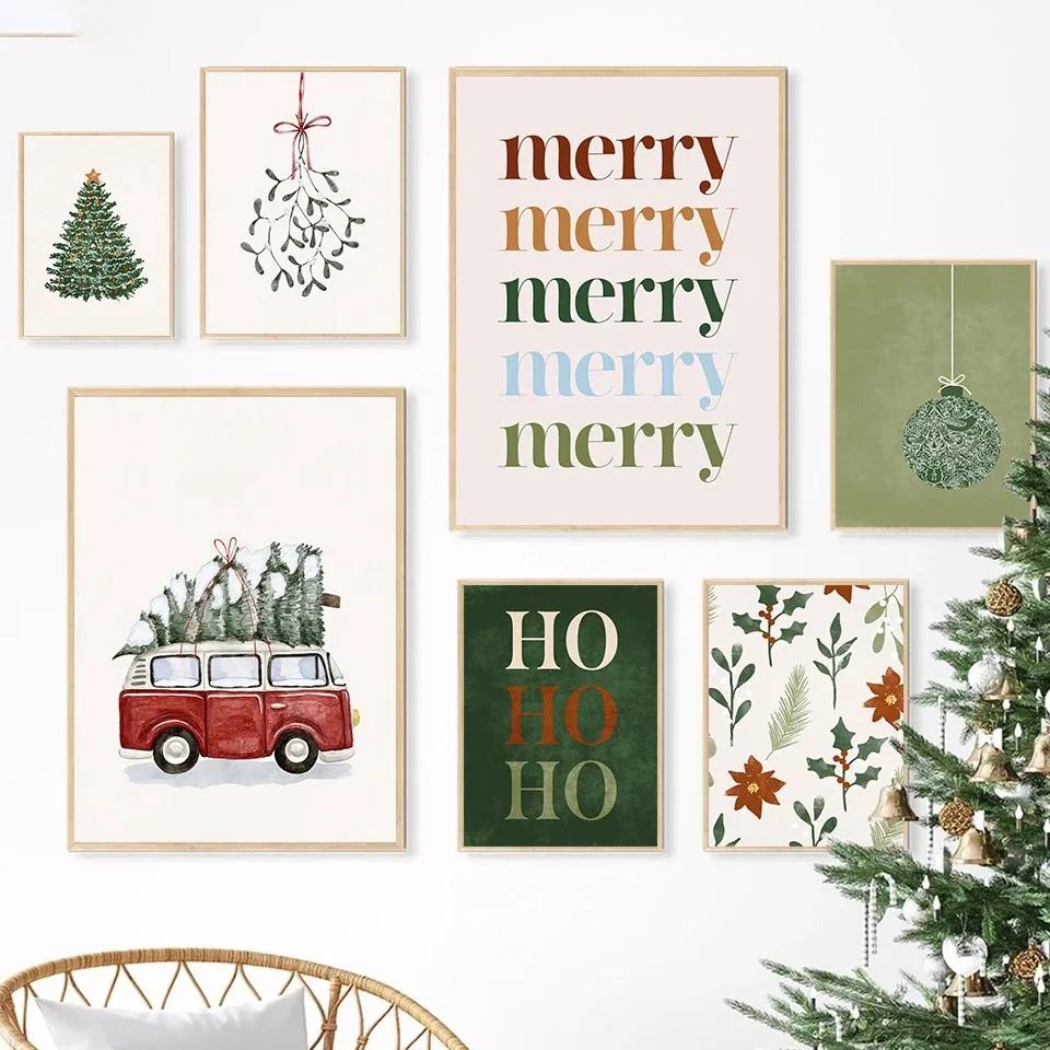 Poster Decorazione Pallina Albero di Natale Agrifoglio Ghiacciato Furgone Invernale Pittura su Tela Stampe Fiocchi di Neve Decorativo Casa Stanza Immagine