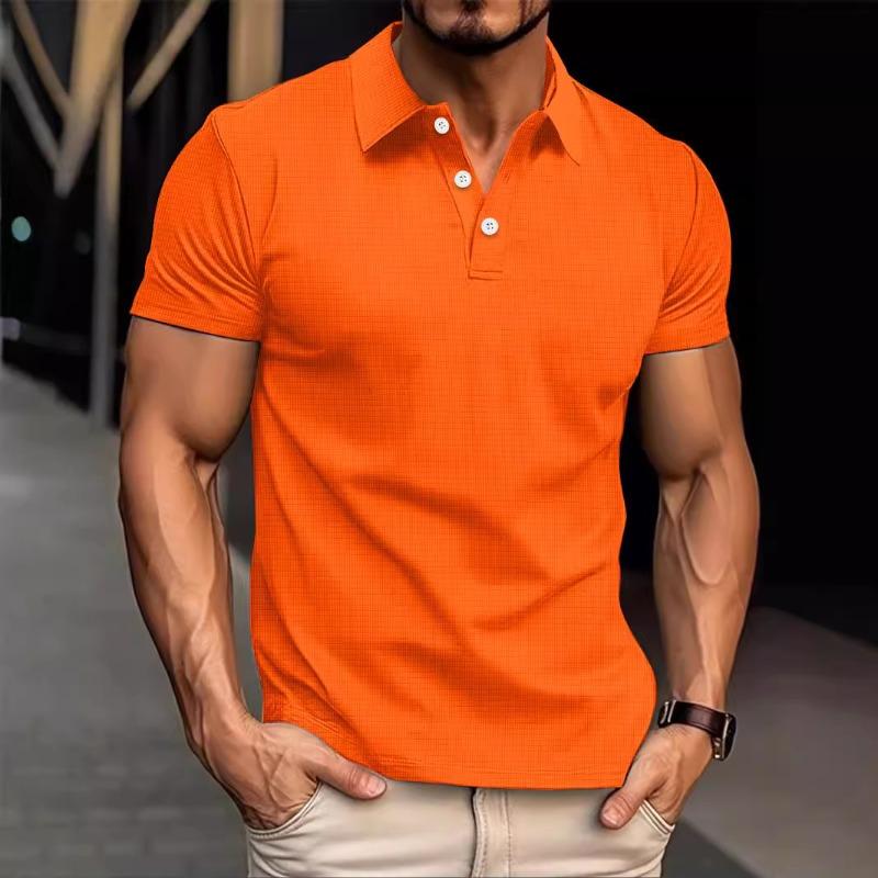 Men's Summer Waffle Striped Lapel Solid Color Button-up Short-sleeved Polo Shirt