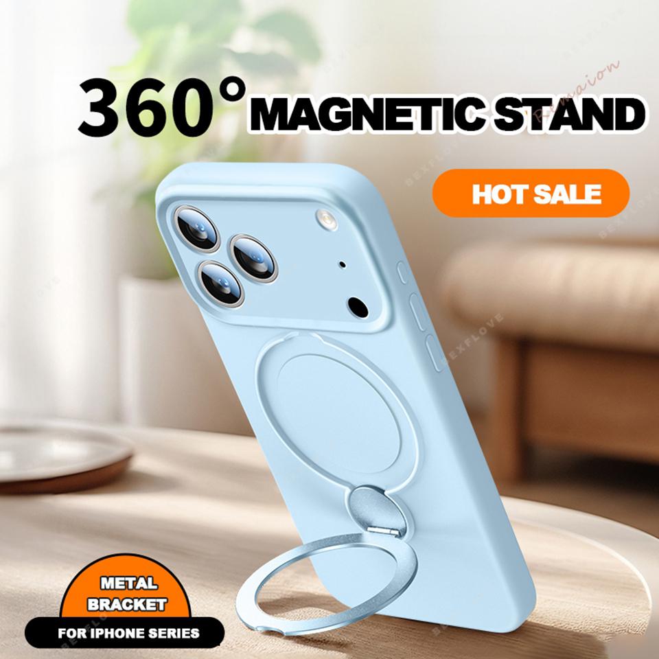 Liquid Silicone Magnetic Bracket Phone Case For iPhone 17 13 14 15 16 Pro Max Air Plus Magsafe Stand Holder Protector Cover