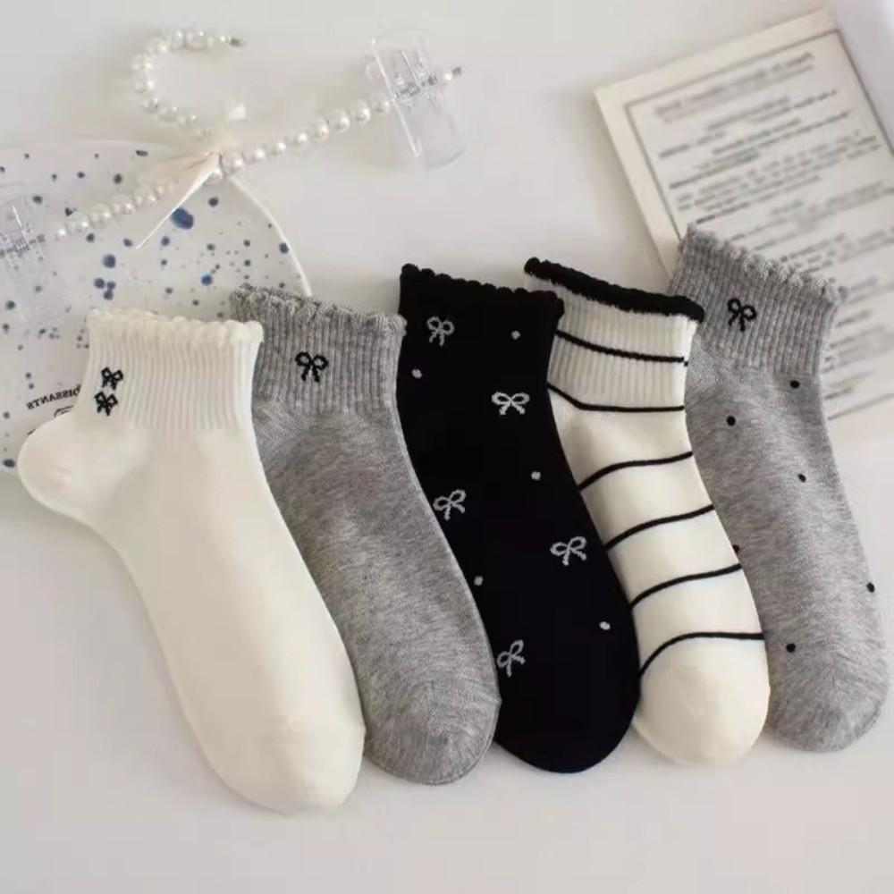 Breathable Kawaii Shallow Socks Stripe Bow Boat Socks Korean Style Short Tube Socks Warm
