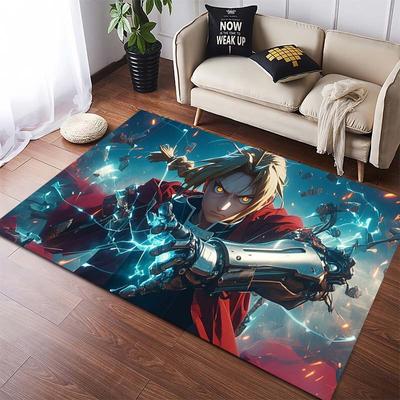 Anime Alchemist Charakter Print Teppich, Elektroblau Blitz & Roter Umhang Rutschfeste Fußmatte