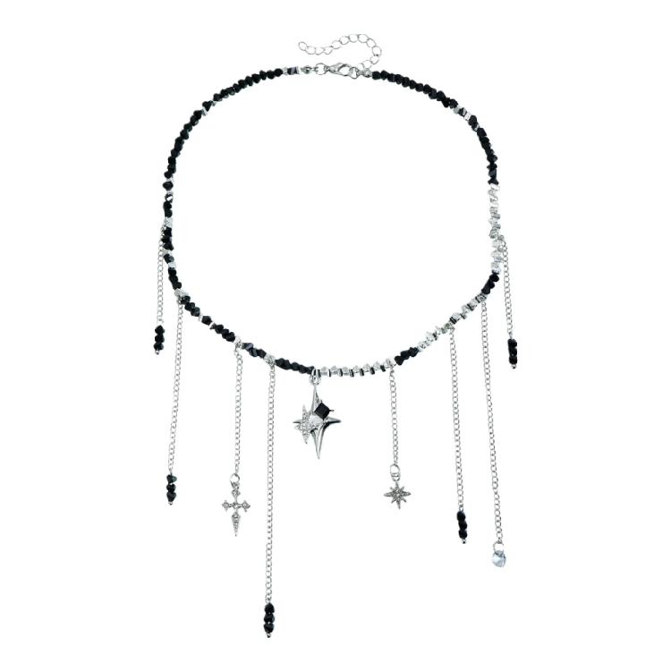

Trendy Women Collarbone Necklace with Star Crosses and Tassels Fashion Black Bead Fringe Embellishment Jewelry 1