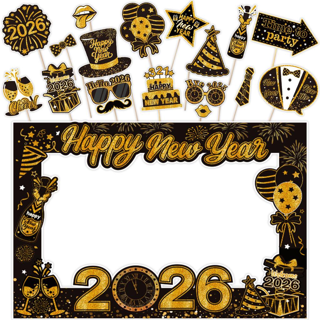 Photo Booth Props Black Gold Selfie Frame 2026 New Year Decorations Fun Party Photo Props Set For New Year Parties Family Photos