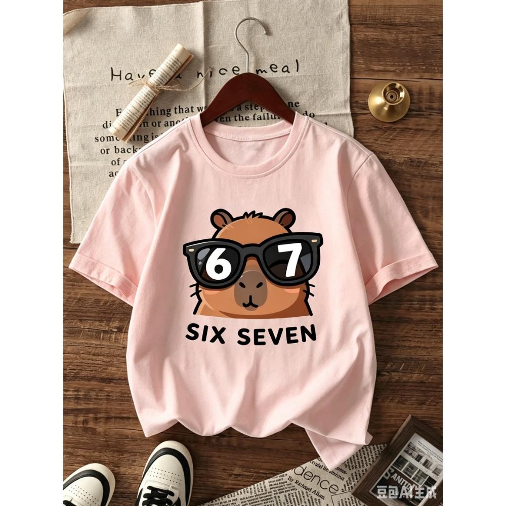 T-shirt Graphique Capybara Dessin Animé pour Enfants Impression Chiffre 6 7 Style Cool T-shirt d'Été Streetwear pour Filles Garçons