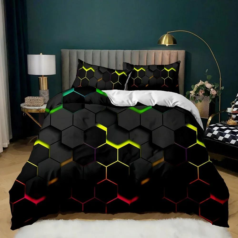 Geometric Duvet Cover Multicolor Honeycomb Hexagon Bedding Set Geometric Theme Metal Texture S