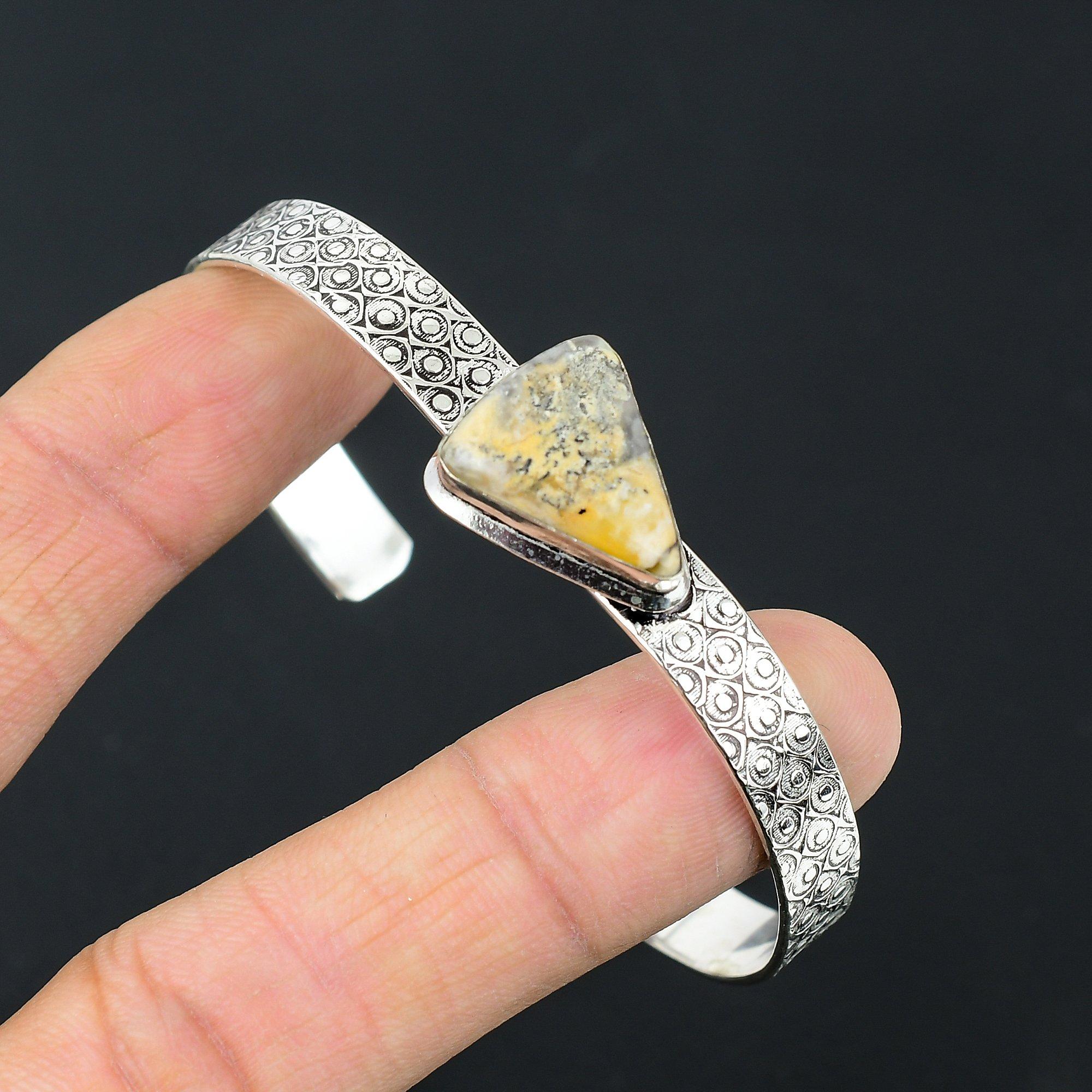 

925 Silver Trillion Natural Dendrite Tiger Wedding Mother Ethnic Bangle Bracelet Adjustable
