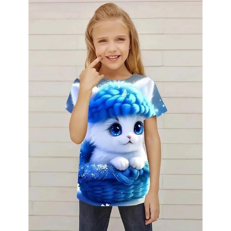 Funny Girls' T-Shirts Summer Short Sleeved Top Cartoon Animals Cat 3D Print 2025 Girls' Casual T-Shirts