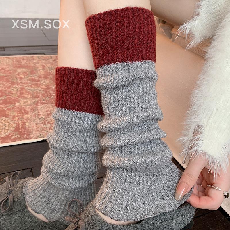 Stiefel Baumwolle Stapelsocken Überzug Gestrickte Wolle Beinüberzug Wolle Verdickt Warm Kontrastierende Spleißung Grau Wade