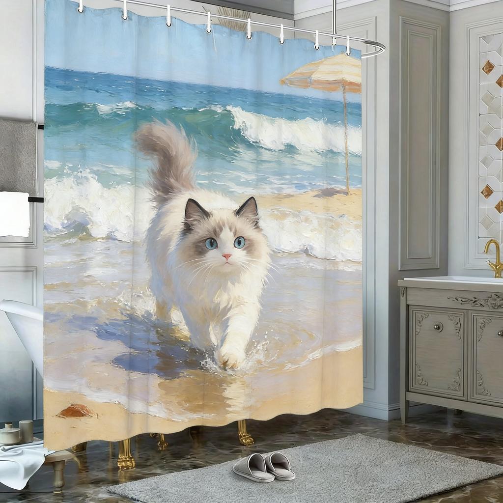 Oil Painting Black And White Cat In Pond With Water Lilies & Fireflies Waterproof Shower Curtain For Bathroom Decor