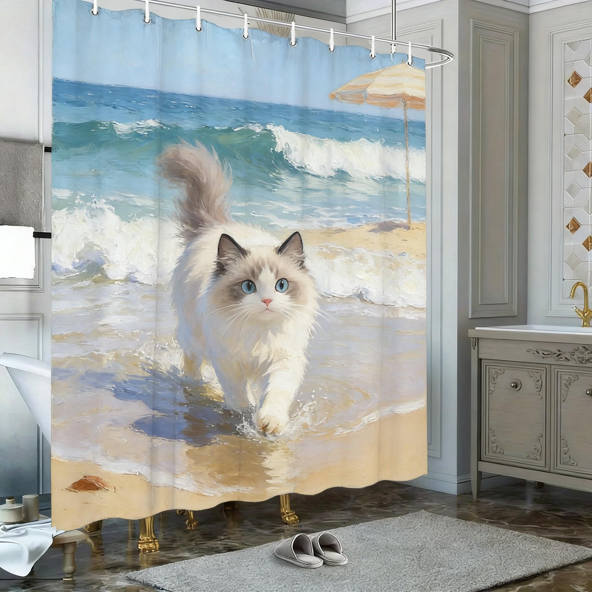 

Ragdoll Cat In Pond With Cherry Blossoms Waterproof Shower Curtain For Bathroom Decor W60H190(CM)-1 Pcs