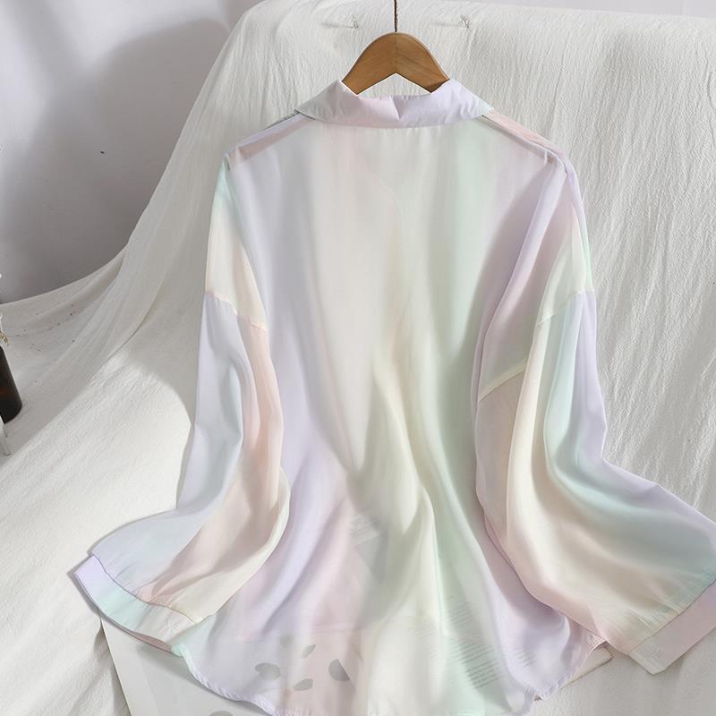 Mid To Long Length Chiffon Shirt Sweet Rainbow Color Breasted Shirt Summer Outfit Gentle and Versatile Sun Protection Shirt
