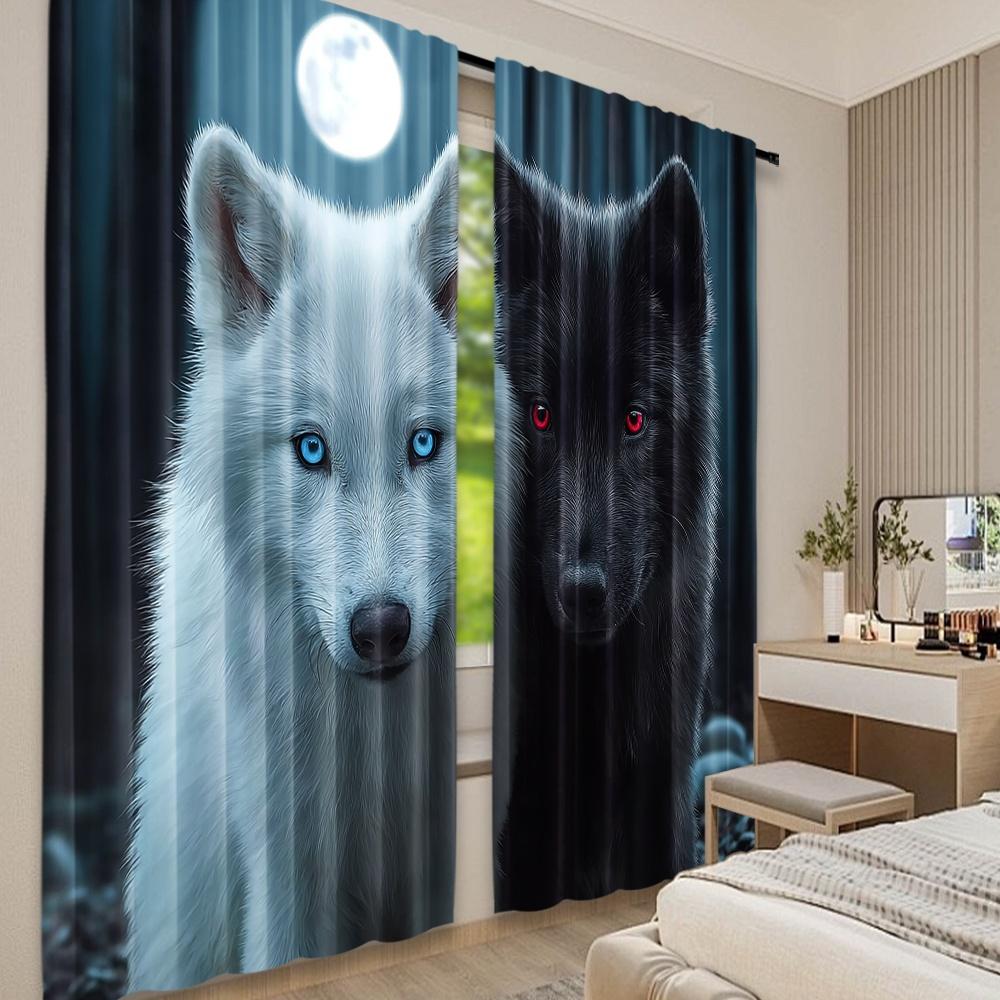 Set Of 2 Flat Printing Window Curtains Horror Fantasy Moonlit Wolves Digital Printed Polyester Drapes Birthday Party Indoor Curtain