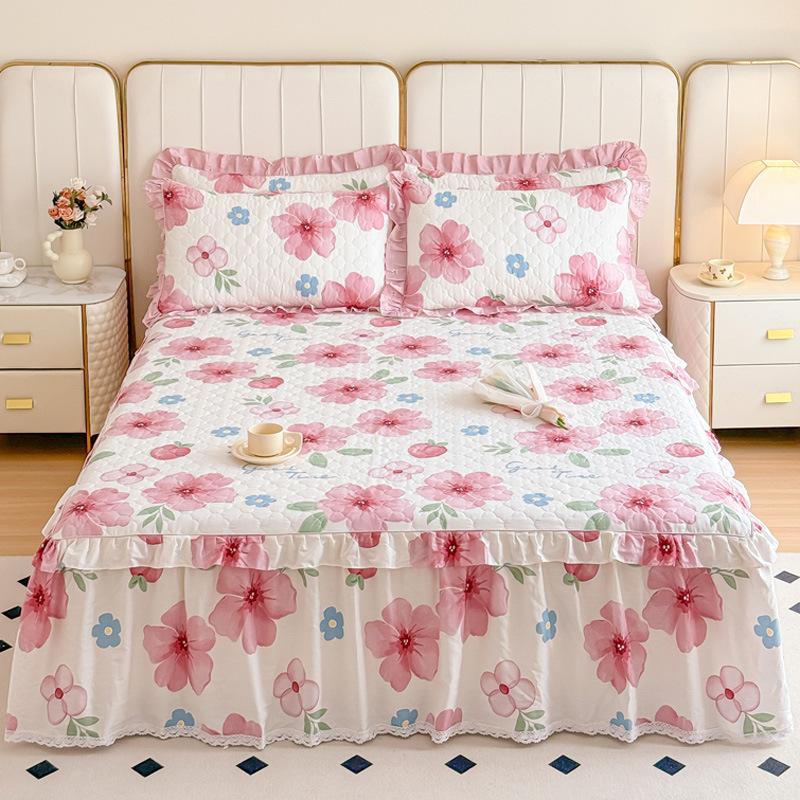 Thickened Pure Cotton Padded Bed Skirt Bedspread Cotton Padded Ruffle Edge Protection Non-slip Pillowcase Bedspread Cover