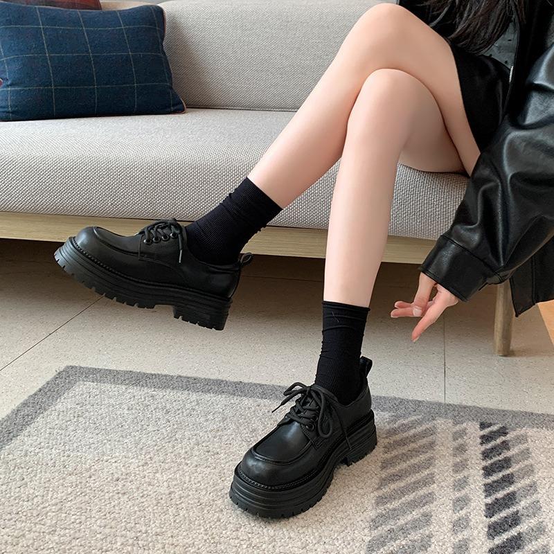  Fat mm platform small leather shoes women's new retro laceup college style large size women's shoes