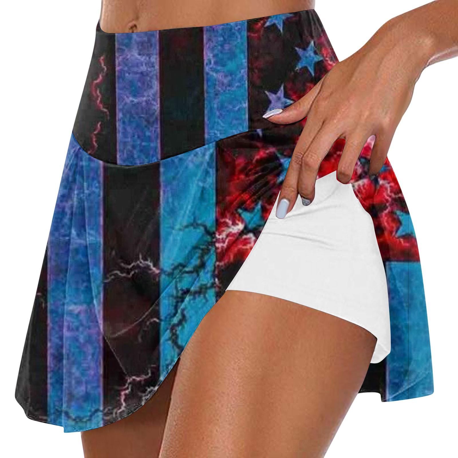 

Женская летняя повседневная спортивная фитнес-беговая йога-теннисная юбка с принтом на День независимости, плиссированные юбки, шорты L синий