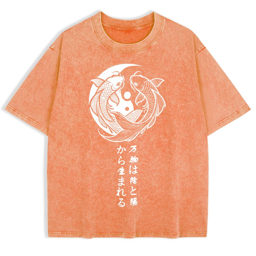 Japanese Koi Harajuku Printed Washed T-Shirts Mens Cotton Oversize T Shirt Summer O-Neck Short Sleeve Tops Clothes