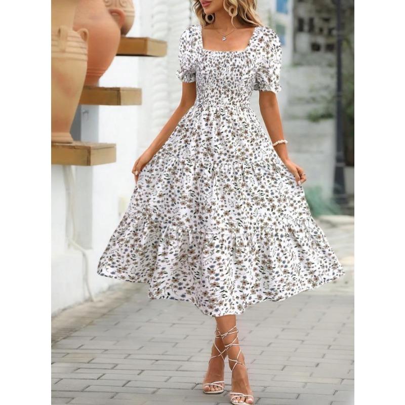 Women Dress Printed Square Collar Waist Puff Sleeve Layered Women's Dress Sweet Style Dress