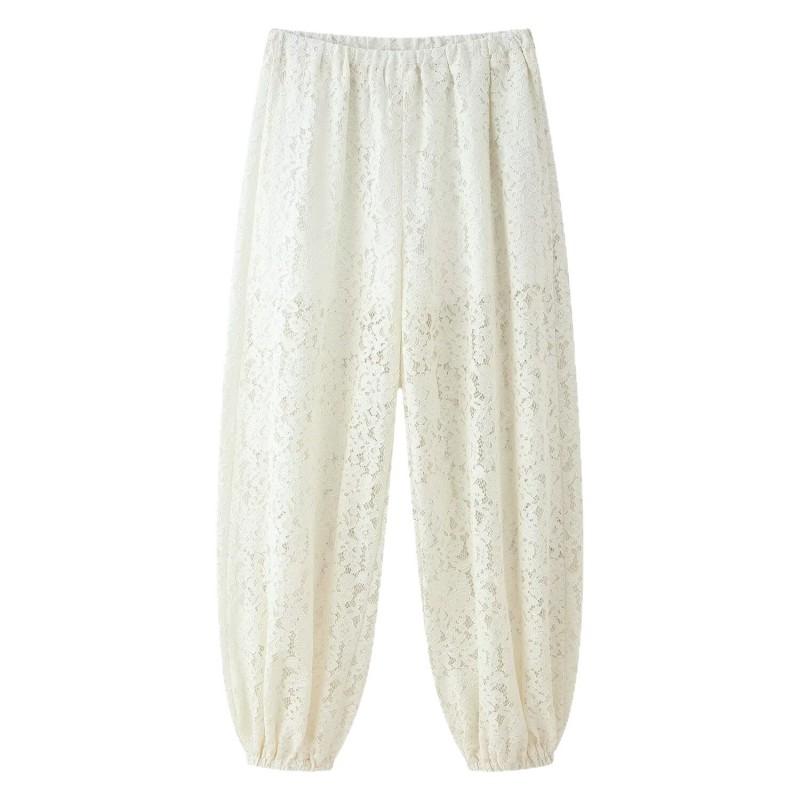 ZA 2026 French Minimalist Lace Cutout Elastic Waist Tapered Pants Womens Elegant Versatile Trousers