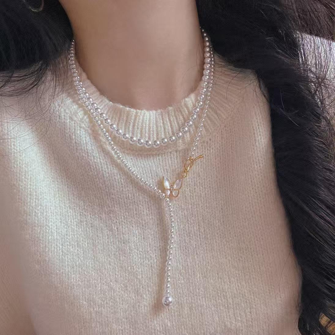 

Vintage Strong Light Faux Glass Crystal Pearl Long Necklace Collarbone Chain Sweater Chain