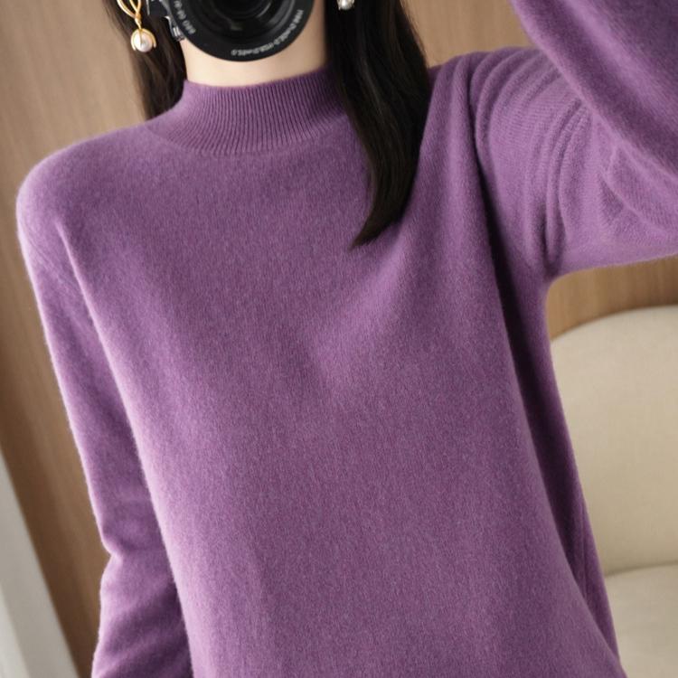 Autumn Winter Sweater Women's Korean Slim Pullover Sweater Half High Neck Knitted Sweater Short Style Solid Color Base Sweater Casual Sweater