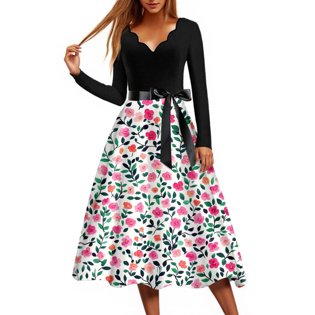 Women's Casual Fashion Floral Print Wave V Neck Vintage Dress