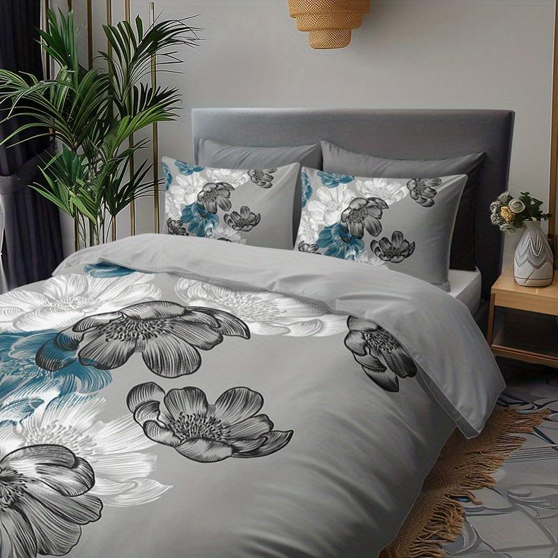 3pcs Teal and Gray Floral Bedding Duvet Cover Set Bohemian Floral Bedding Quilt Set Bohemian Themed Bed Quilt Set Grey and Teal
