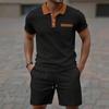 Summer Men's Waffle Knit Color Block Casual Set with Lapel and Shorts