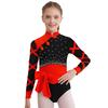 Collant de Ginástica Estilo Chinês para Meninas Botão Nó Gola Mandarim Manga Longa Strass Bloco de Cores Macacão com Cinto