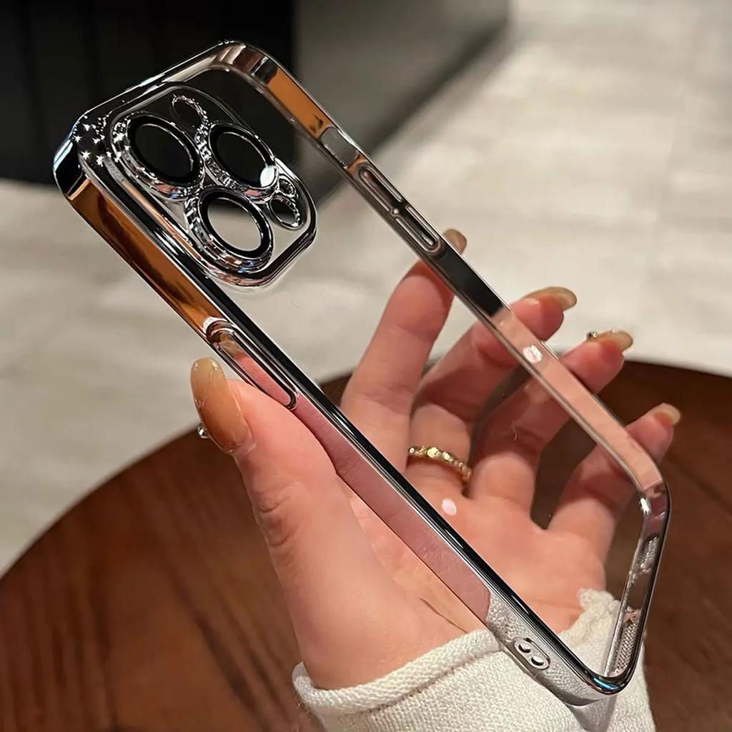 Luxury Plating Clear Silicone Phone Case For iPhone 15 14 13 12 11 Pro Max Lens Protection Case Back Cover