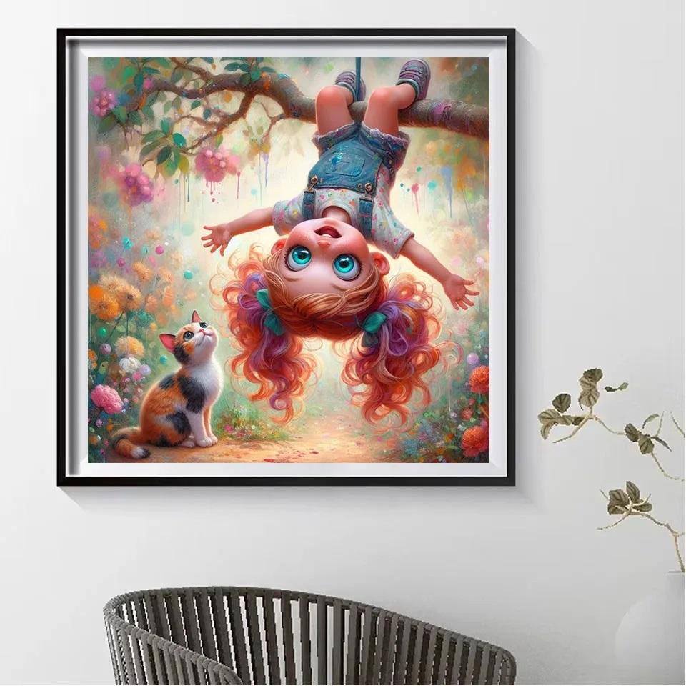 Diamond Painting Art 5D DIY Naughty Cute Little Girl With Cat Diamond Mosaic Apple Tree 5D Rhinestone Cross Stitch Home Decor